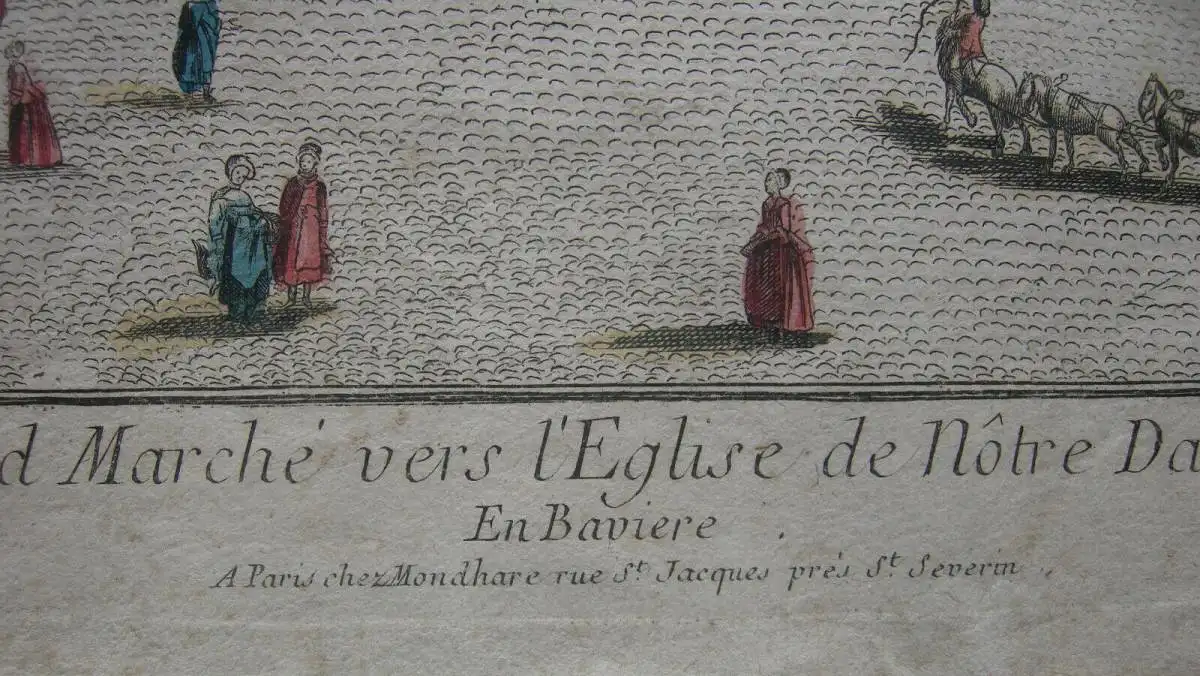 Vue d’optique Guckkastenblatt München Marienplatz altkolor Kupferstich 1750 7