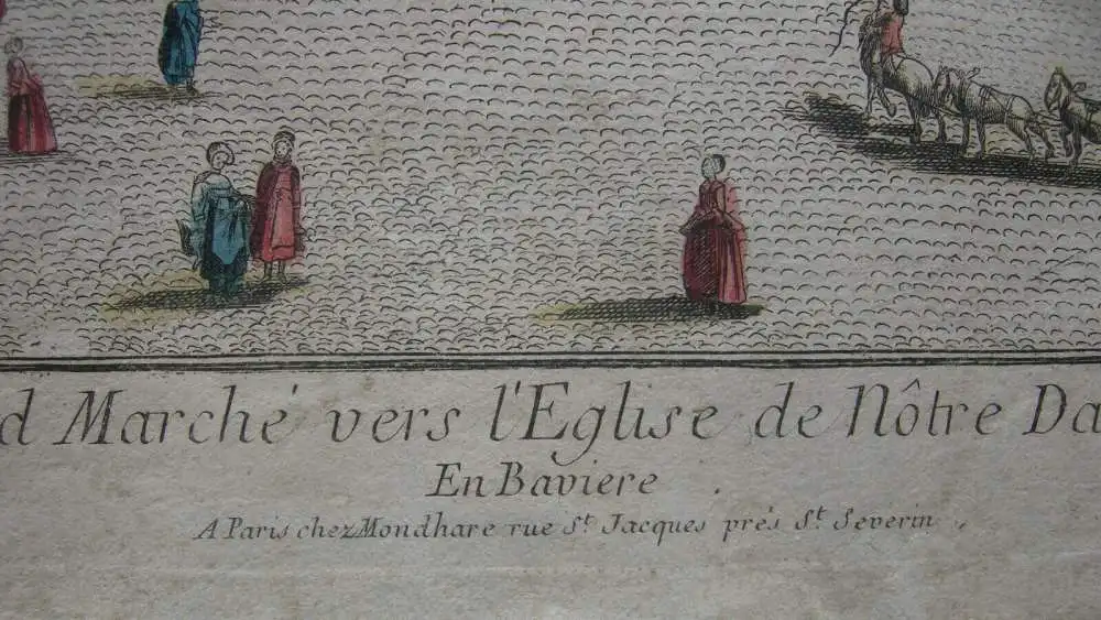 Vue d’optique Guckkastenblatt München Marienplatz altkolor Kupferstich 1750 7