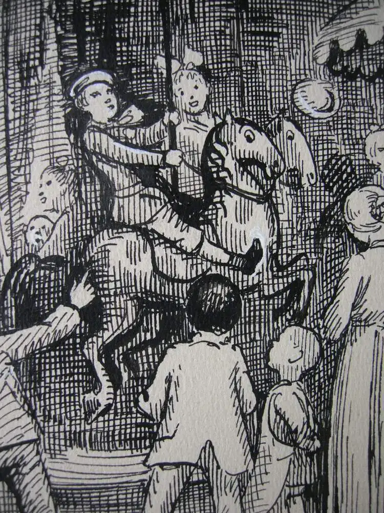 Paul Tanner (1882-1934) Auf dem Jahrmarkt Tuschzeichnung 1914 signiert 1