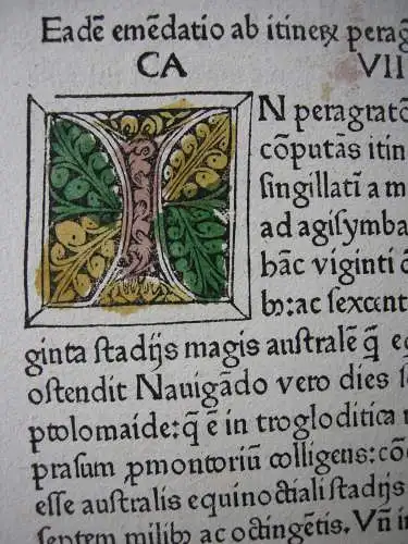 Inkunabelblatt Ptolomaeus Cosmographia  3 kolor Initiale Ulm Joh. Reger 1486