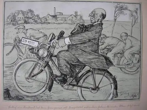 Karikatur Herr im Gehrock auf Fahrrad mit Motor Radrennfahrer Tuschzeichng 1931