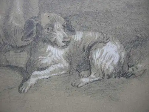 Hirtenjunge mit Hirtenhund weißgehöhte Bleistiftzeichnung 1858 unleserl signiert