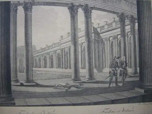 Friedrich II. und Voltaire Colonnade Sans Souci Kupferstich P. Haas 1800