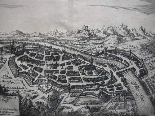 Kempten Allgäu Gesamtansicht Vogelschau Kupferstich Merian 1650