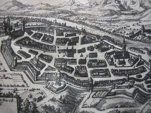 Kempten Allgäu Gesamtansicht Vogelschau Kupferstich Merian 1650