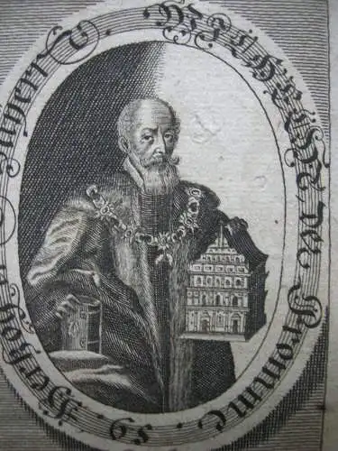 Wilhelm d Fromme (+1460) Herzog von Bayern Portrait mit Emblem Kupferstich 1750