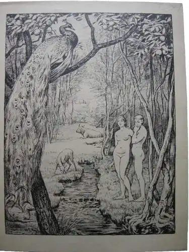 Hans Thoma (1839-1924) Adam und Eva im Paradies Lithographie 1892 signiert