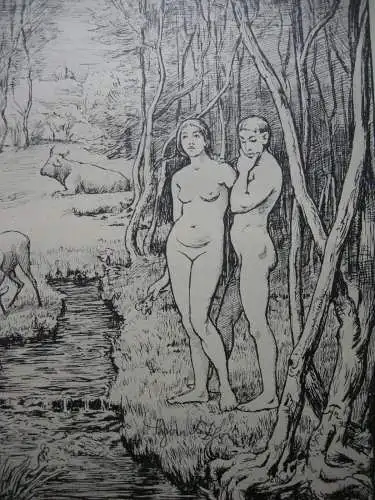 Hans Thoma (1839-1924) Adam und Eva im Paradies Lithographie 1892 signiert