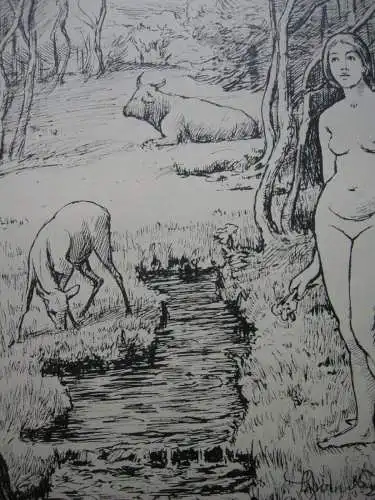 Hans Thoma (1839-1924) Adam und Eva im Paradies Lithographie 1892 signiert