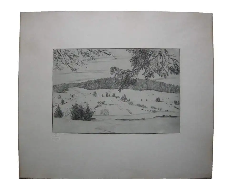 Verschneite schwäbische Landschaft Orig. Radierung Radierverein Karlsruhe 1920 0