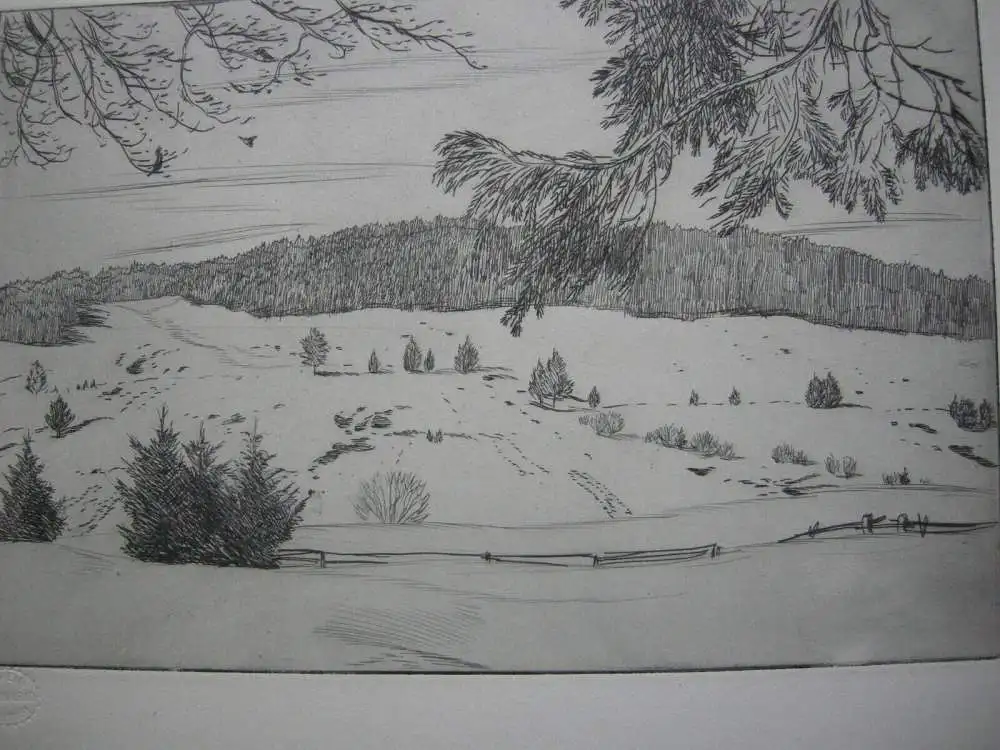 Verschneite schwäbische Landschaft Orig. Radierung Radierverein Karlsruhe 1920 1
