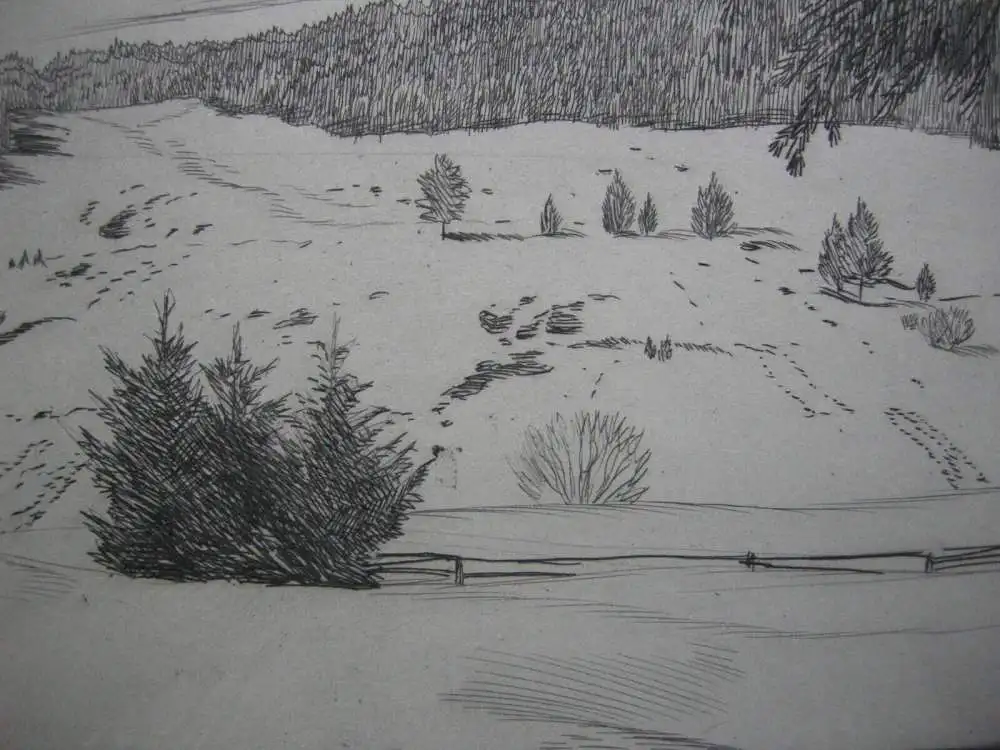 Verschneite schwäbische Landschaft Orig. Radierung Radierverein Karlsruhe 1920 2