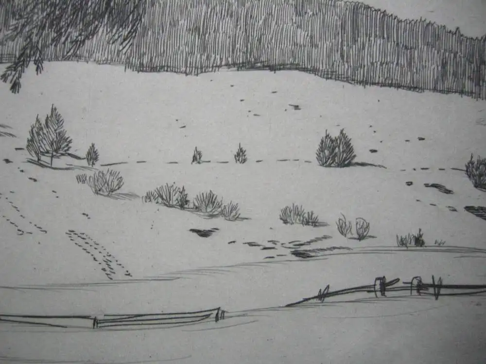 Verschneite schwäbische Landschaft Orig. Radierung Radierverein Karlsruhe 1920 3