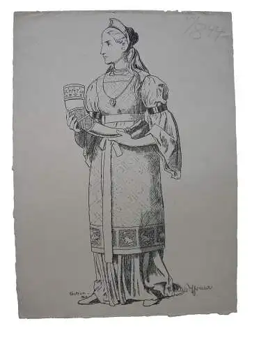 Hans Thoma (1839-1924) Gutrun Gudrun Göttin Germanen Lithographie 1896 signiert