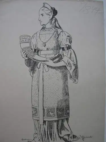 Hans Thoma (1839-1924) Gutrun Gudrun Göttin Germanen Lithographie 1896 signiert