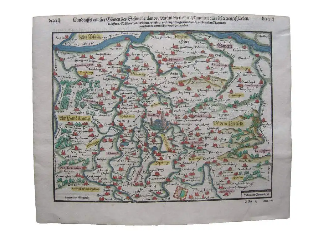 Bayerisch Schwaben Nördlingen altkolorierter Holzschnitt Seb. Münster 1580 0