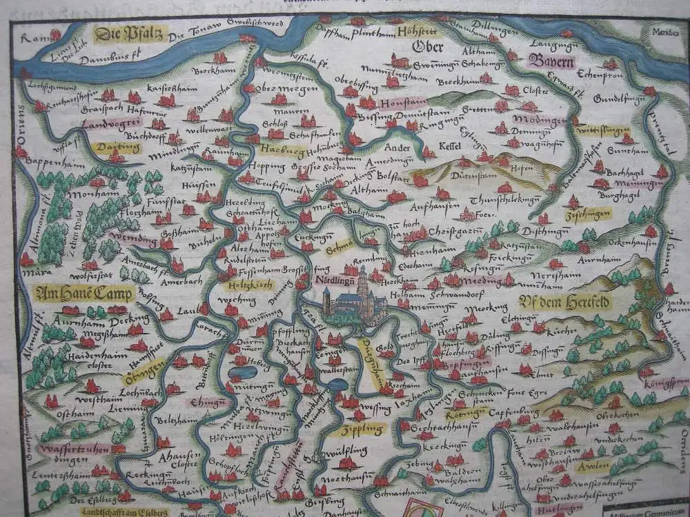 Bayerisch Schwaben Nördlingen altkolorierter Holzschnitt Seb. Münster 1580 1