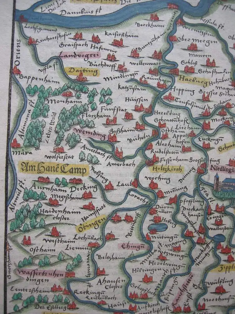 Bayerisch Schwaben Nördlingen altkolorierter Holzschnitt Seb. Münster 1580 2