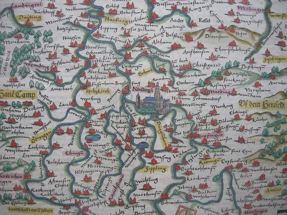 Bayerisch Schwaben Nördlingen altkolorierter Holzschnitt Seb. Münster 1580 4