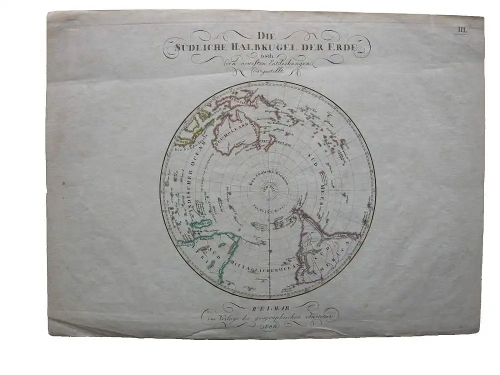 südliche Halbkugel Erde Antarktis altkolorierte Kupferstichkarte 1806 0