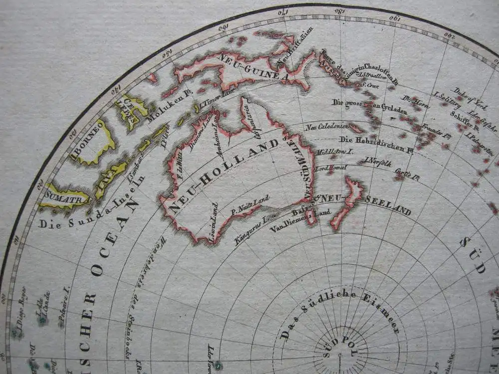 südliche Halbkugel Erde Antarktis altkolorierte Kupferstichkarte 1806 2