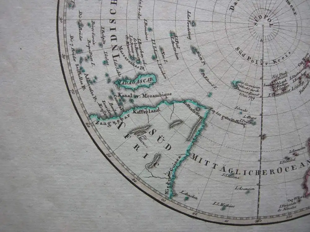 südliche Halbkugel Erde Antarktis altkolorierte Kupferstichkarte 1806 3