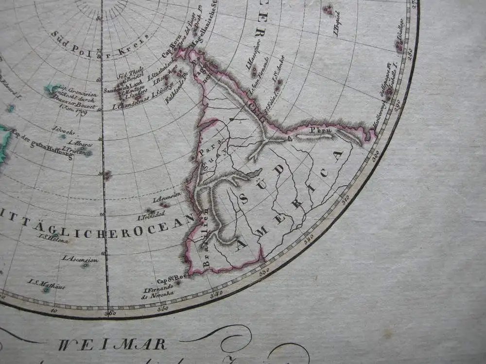 südliche Halbkugel Erde Antarktis altkolorierte Kupferstichkarte 1806 4