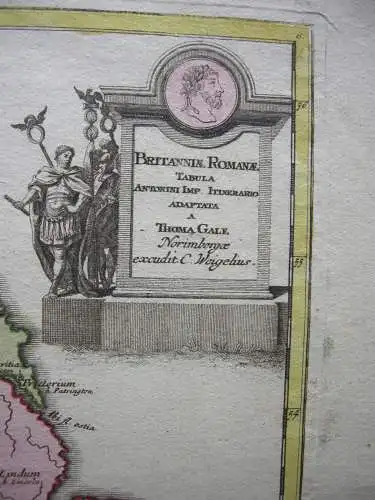 Antike England Römische Provinzen altkolor Kupferstichkarte Th. Gale Weigel 1730