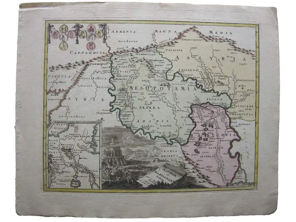 Antike Mesopotamien Assyrien Babylonien altkolor Kupferstichkarte Weigel 1730 0