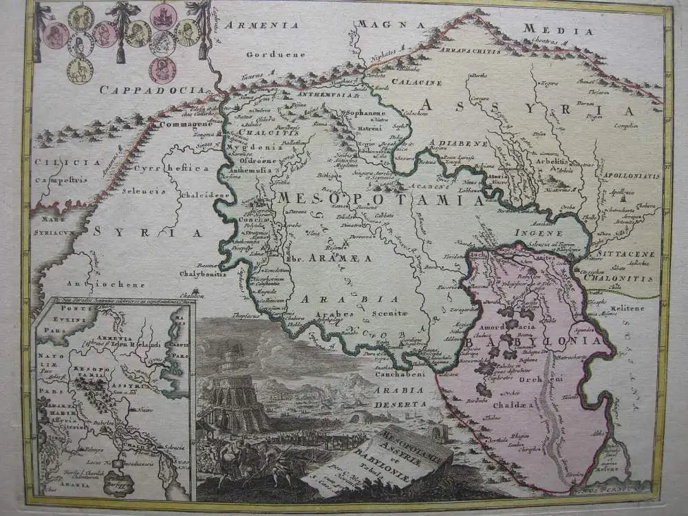 Antike Mesopotamien Assyrien Babylonien altkolor Kupferstichkarte Weigel 1730 1