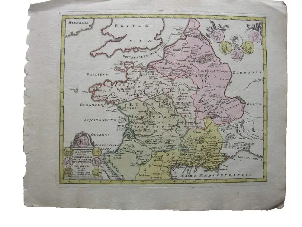 Antike Gallien Frankreich Belgien Schweiz altkolor Kupferstichkarte Weigel 1730 0