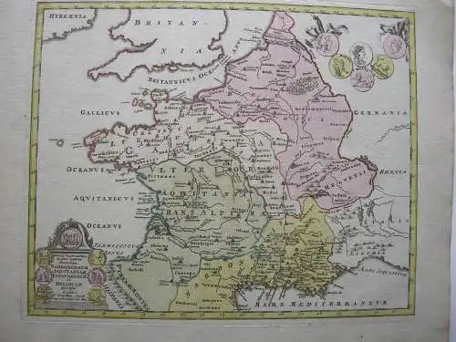 Antike Gallien Frankreich Belgien Schweiz altkolor Kupferstichkarte Weigel 1730