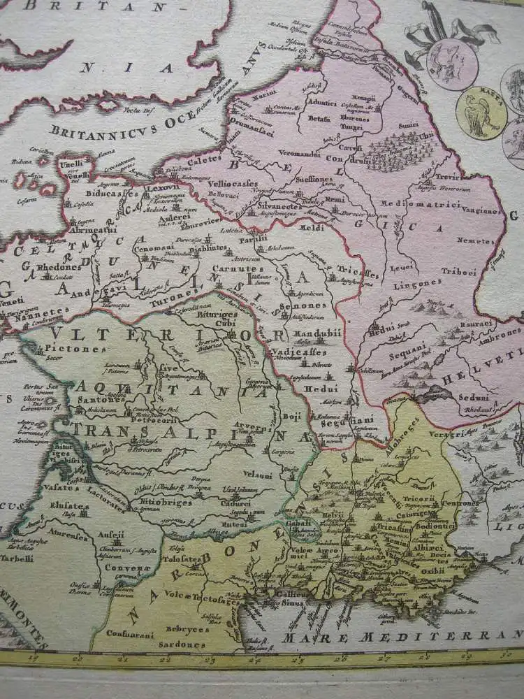 Antike Gallien Frankreich Belgien Schweiz altkolor Kupferstichkarte Weigel 1730 2