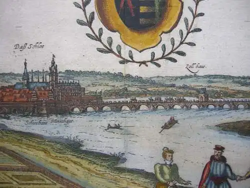 Dresden Gesamtansicht altkolorierter Kupferstich Braun Hogenberg 1572