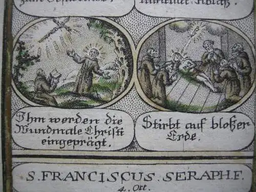 Andachtskupfer S. Franciscus Seraph Leben in Bildern Kupferstich 1750 Gleich