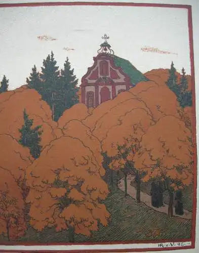 Hans R. v Volkmann (1860-1927) Kapelle in der Eifel Lithographie 1898 Jugendstil