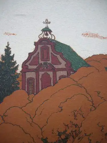 Hans R. v Volkmann (1860-1927) Kapelle in der Eifel Lithographie 1898 Jugendstil