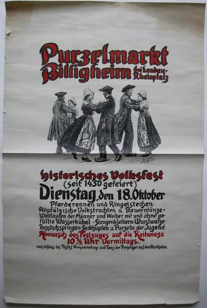 Plakat  Purzelmarkt Billigheim Landau Orig Lithografie Strieffler 1910 Volksfest 0
