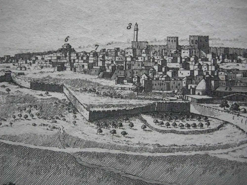 Jerusalem Panorama-Ansicht Kupferstich Corneille Le Bruyn 1725 Israel Palästina 10
