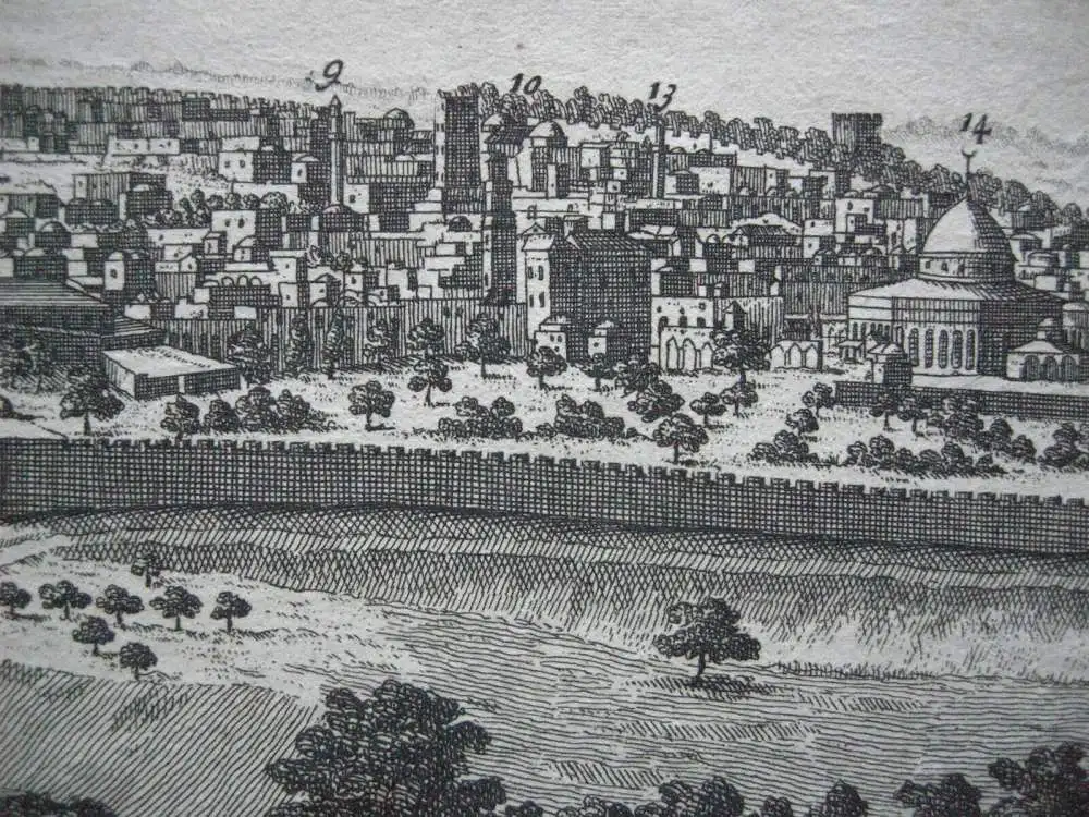 Jerusalem Panorama-Ansicht Kupferstich Corneille Le Bruyn 1725 Israel Palästina 9