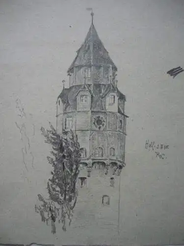 Hall Tirol Burg Hasegg Turm Österreich Bleistiftzeichnung R. Kaulbach 1895 monog