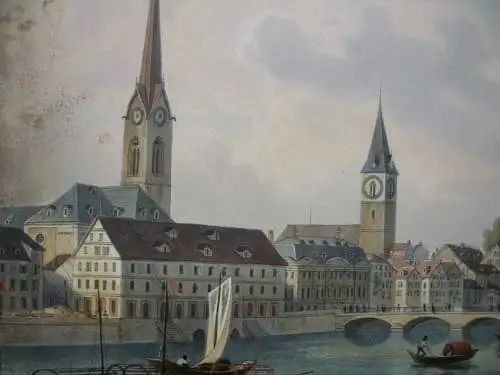 Zürich Ansicht an der Limnat Biedermeier Orig Farblithografie 1830 Schweiz