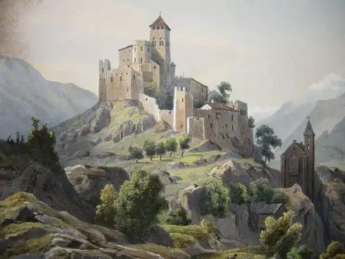 Sion Sitten Wallis Chateau Eglise Valerie Orig Farblithografie 1830 Schweiz