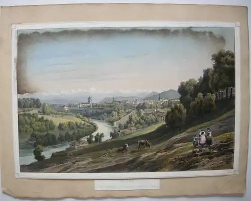 Bern Gesamtansicht Bern aus der Ferne Orig Farblithografie 1830 Schweiz