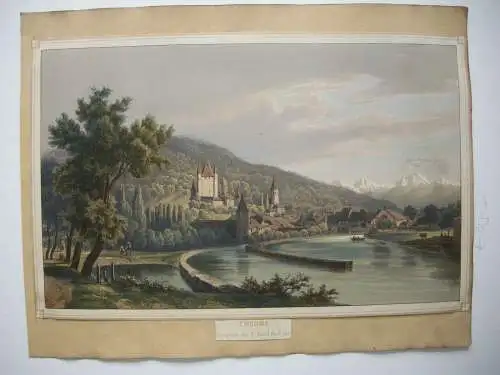 Thun Ansicht vom Thuner See aus Kanton Bern Orig Farblithografie 1830 Schweiz