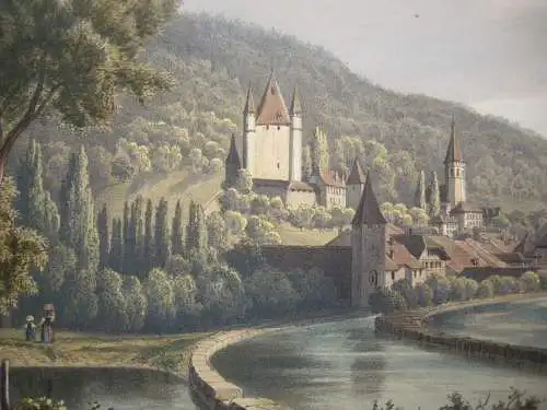 Thun Ansicht vom Thuner See aus Kanton Bern Orig Farblithografie 1830 Schweiz