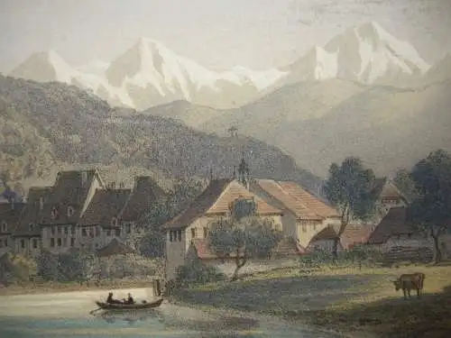 Thun Ansicht vom Thuner See aus Kanton Bern Orig Farblithografie 1830 Schweiz