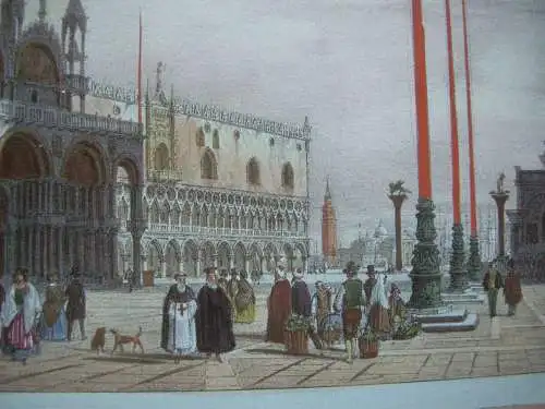 Venedig Venezia San Marco Farblithographie blaues Papier 1835 Italia