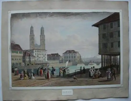 Zürich Ansicht am Zürichsee Biedermeier Orig Farblithografie 1830 Schweiz