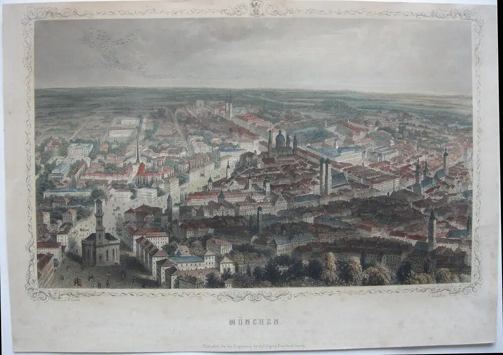 München Vogelschau-Ansicht kolorierter Stahlstich 1850 Payne nach Heawood 0